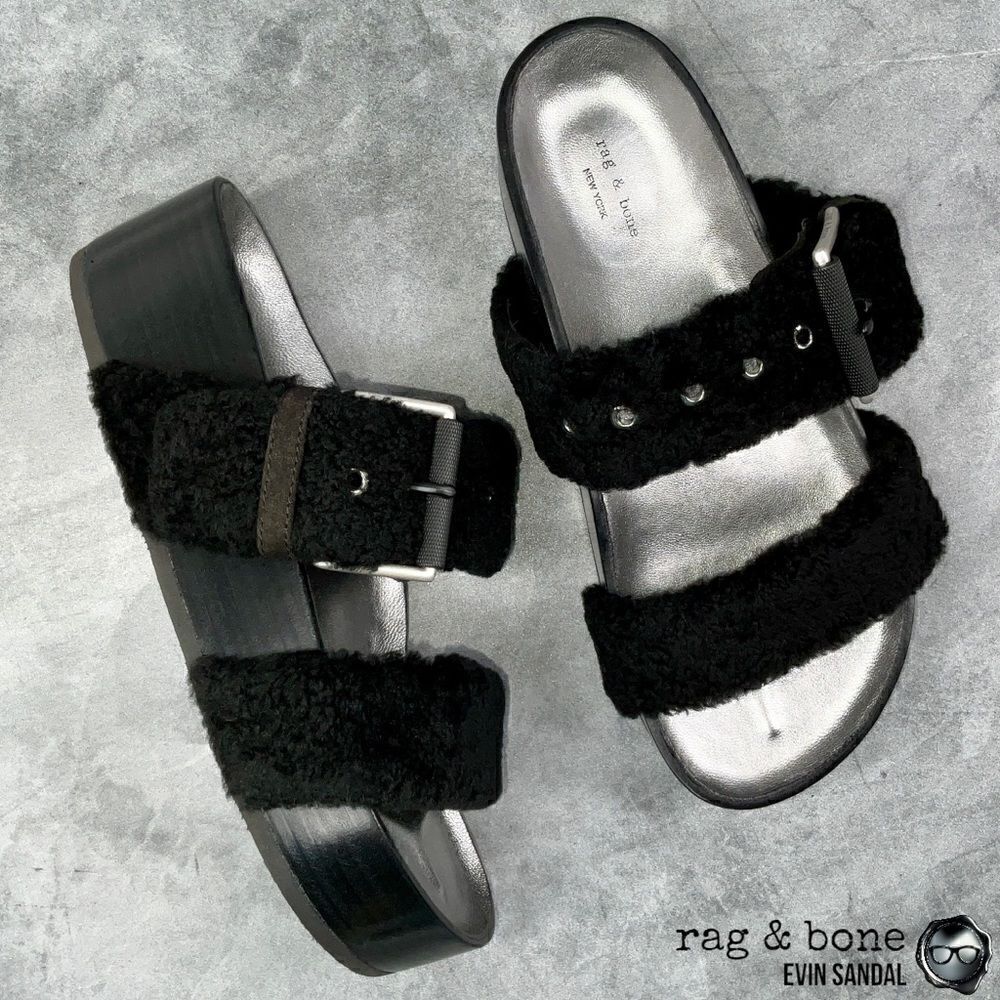 RAG & BONE EVIN GENUINE SHEARLING PLATFORM SLIDE SANDAL IN BLACK US SIZE 6 EU 36